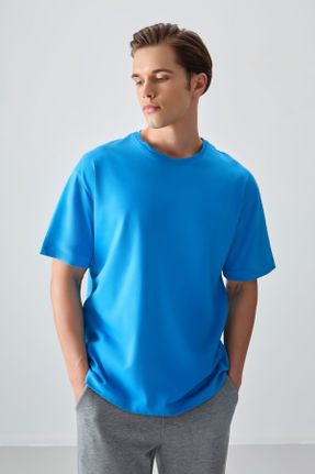 تی شرت آبی مردانه اورسایز یقه گرد پنبه - پلی استر تکی بیسیک کد 808520556