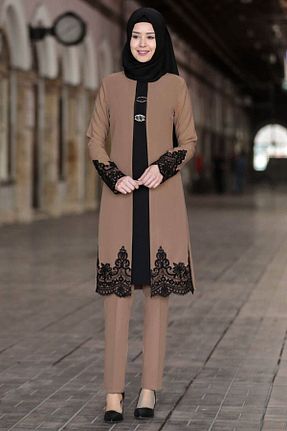 ست بالاتنه و پائین تنه حجاب قهوه ای زنانه کارگو Modaviki - کد 207196503