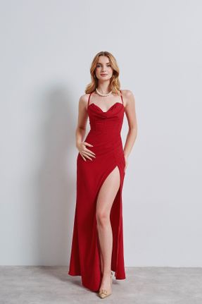 لباس قرمز زنانه بافتنی کرپ بند دار کد 707562490