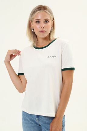 تی شرت سفید زنانه رگولار یقه گرد پنبه (نخی) تکی بیسیک کد 841125751
