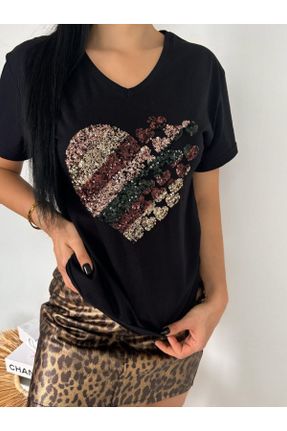 تی شرت مشکی زنانه ریلکس یقه هفت پنبه (نخی) تکی طراحی کد 841151702
