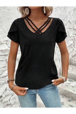 تی شرت مشکی زنانه یقه هفت لیکرا تکی بیسیک کد 841129616