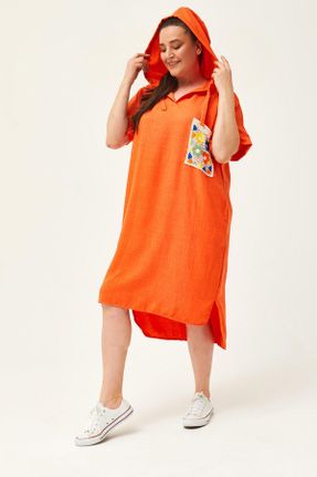 لباس نارنجی زنانه مخلوط کتان سایز بزرگ بافت کد 815124430