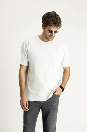 تی شرت سفید مردانه ریلکس یقه گرد کد 834791758