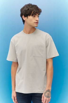تی شرت بژ مردانه اورسایز یقه خدمه پنبه (نخی) کد 805666720