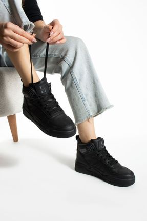 کفش اسنیکر مشکی زنانه بند دار چرم مصنوعی کد 820186010
