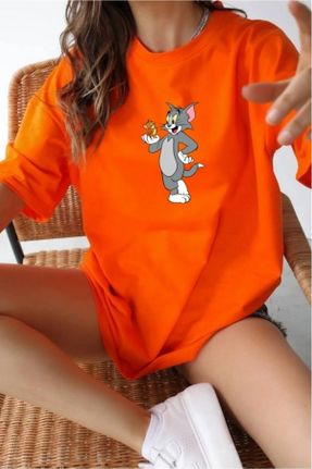 تی شرت نارنجی زنانه اورسایز یقه گرد تکی جوان کد 834573489