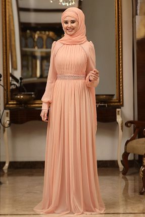 لباس مجلسی حجاب صورتی زنانه یقه ایستاده MELİSMA - کد 840867502