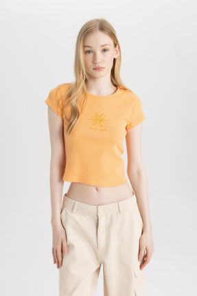 تی شرت نارنجی زنانه Fitted یقه گرد تکی کد 811229864