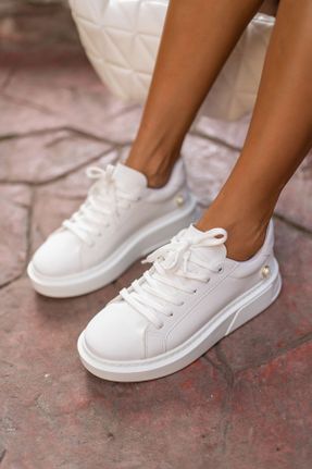 کفش اسنیکر سفید زنانه بند دار چرم مصنوعی کد 649601651