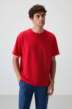 تی شرت قرمز مردانه اورسایز یقه گرد پنبه - پلی استر تکی جوان کد 815769062