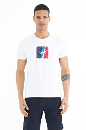 تی شرت سفید مردانه رگولار یقه گرد پنبه - پلی استر تکی جوان کد 708462906