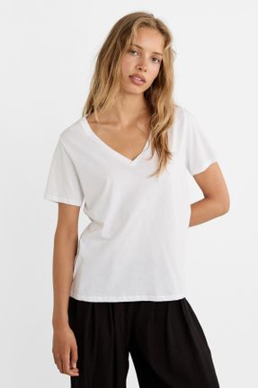 تی شرت سفید زنانه یقه هفت پنبه (نخی) بیسیک کد 314191771