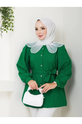 پیراهن سبز زنانه اورسایز یقه قاضی پارچه ای کد 841087588