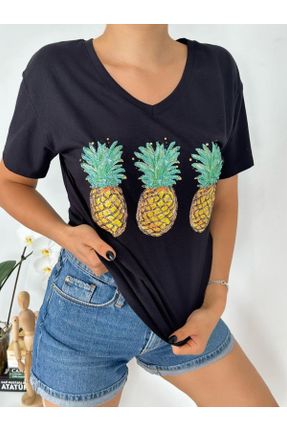 تی شرت مشکی زنانه ریلکس یقه هفت تکی طراحی کد 841100705