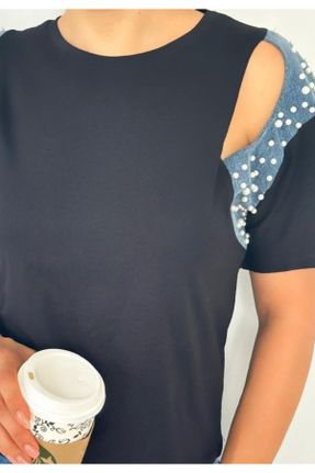 تی شرت مشکی زنانه ریلکس یقه گرد پنبه (نخی) تکی طراحی کد 841138263