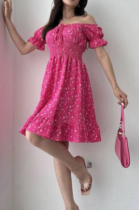 لباس صورتی زنانه بافتنی طرح گلدار رگولار آستین-کوتاه کد 826718619