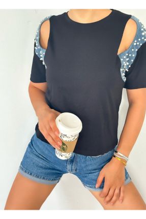 تی شرت مشکی زنانه ریلکس یقه گرد پنبه (نخی) تکی طراحی کد 841138263