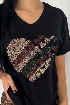 تی شرت مشکی زنانه ریلکس یقه هفت پنبه (نخی) تکی طراحی کد 841151702