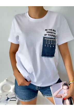 تی شرت سفید زنانه ریلکس یقه گرد تکی طراحی کد 841111203