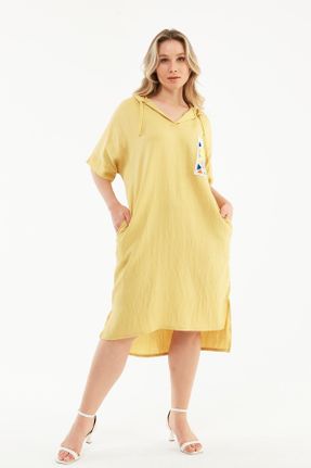لباس زرد زنانه مخلوط کتان سایز بزرگ بافت کد 835845265