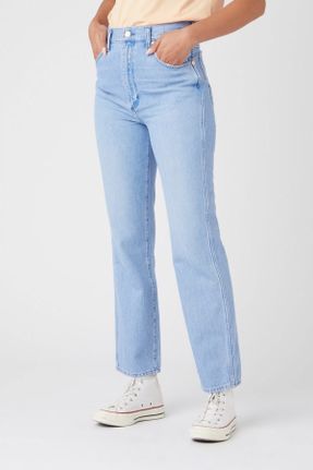 شلوار جین آبی زنانه پاچه ساده فاق بلند پنبه (نخی) ساده کد 356696512