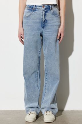 شلوار جین آبی زنانه پاچه ساده فاق بلند پنبه (نخی) ساده کد 792121145
