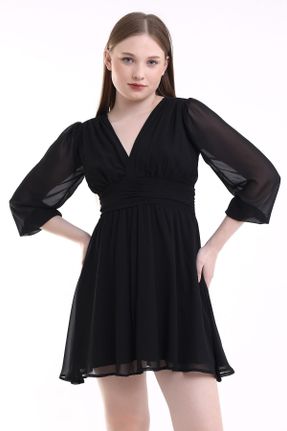 لباس مشکی زنانه بافتنی شیفون سایز بزرگ آستین سه ربع پارتی کد 736860323