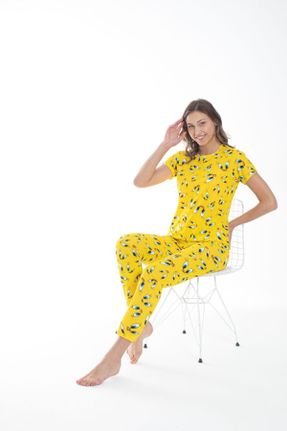 ست لباس راحتی زرد زنانه طرح دار پنبه - پلی استر کد 674449774