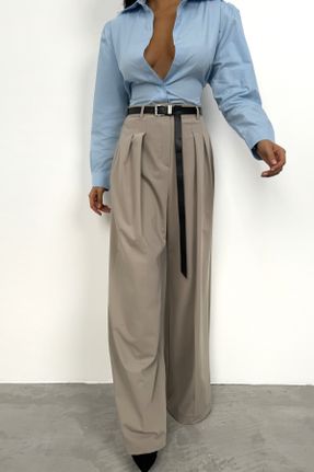 شلوار بژ زنانه بافت پارچه پاچه رگولار فاق بلند ریلکس کد 804011297