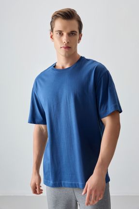 تی شرت سرمه ای مردانه اورسایز یقه گرد پنبه - پلی استر تکی بیسیک کد 809029292