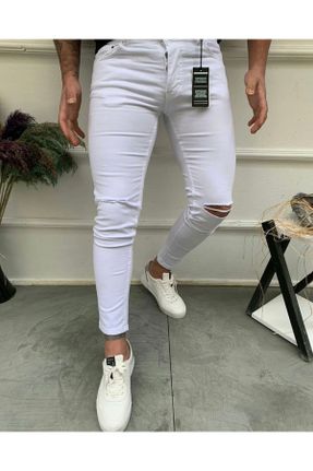 شلوار جین سفید مردانه پاچه تنگ پنبه (نخی) پوشاک ورزشی بلند کد 122028649
