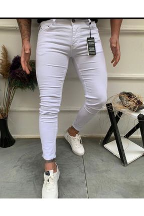شلوار جین سفید مردانه پاچه تنگ پنبه (نخی) پوشاک ورزشی بلند کد 122028281