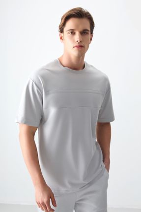 تی شرت طوسی مردانه اورسایز یقه گرد پنبه - پلی استر تکی کد 812609820