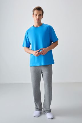 تی شرت آبی مردانه اورسایز یقه گرد پنبه - پلی استر تکی بیسیک کد 808520556