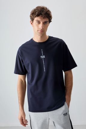 تی شرت سرمه ای مردانه اورسایز یقه گرد پنبه - پلی استر تکی جوان کد 811844501