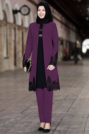 ست بالاتنه و پائین تنه حجاب بنفش زنانه تریکو Modaviki - کد 212248276