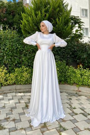 لباس مجلسی سفید زنانه یقه گرد ساتن آستین استاندارد رگولار کد 148185660