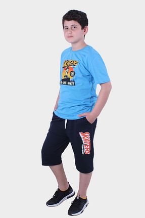 ست بالاتنه و پائین تنه فیروزه ای بچه گانه بافت panios kids - کد 815236575