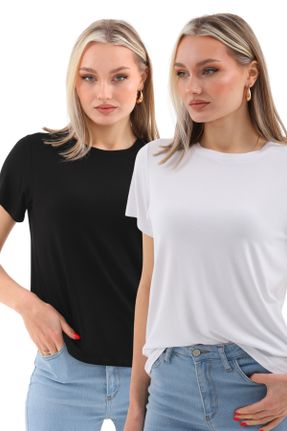 تی شرت مشکی زنانه یقه گرد ویسکون تکی بیسیک کد 822728488