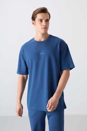 تی شرت آبی مردانه اورسایز یقه گرد پنبه - پلی استر تکی جوان کد 817830710