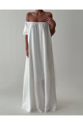 لباس سفید زنانه بافتنی کتان رگولار آستین-کوتاه کد 841525019