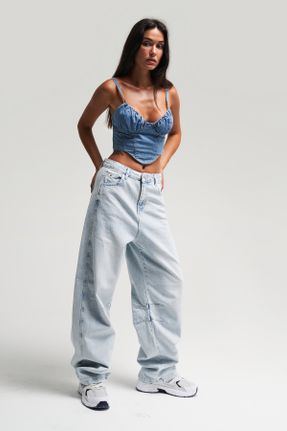 شلوار جین آبی زنانه پاچه راحت فاق افتاده جین ساده بلند کد 838461061