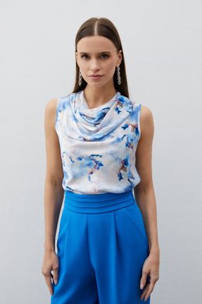 بلوز آبی زنانه طرح دار فرم فیت یقه دگاژه پلی استر بدون آستین کد 838691896