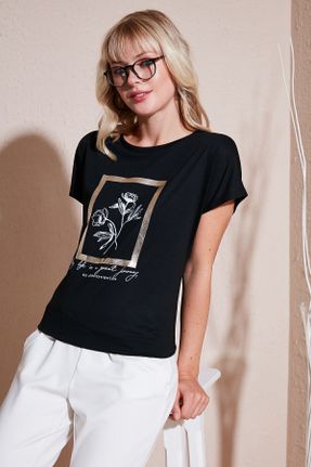 تی شرت مشکی زنانه رگولار یقه گرد کد 833113067