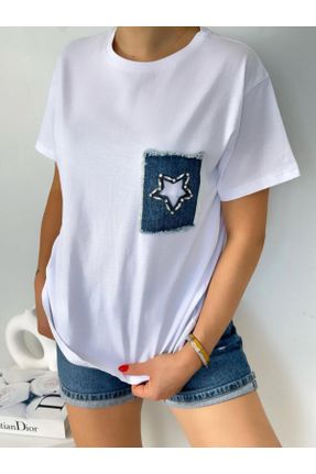 تی شرت سفید زنانه ریلکس یقه گرد تکی طراحی کد 841328936