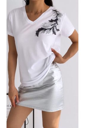 تی شرت سفید زنانه رگولار یقه هفت پنبه (نخی) تکی طراحی کد 817346390