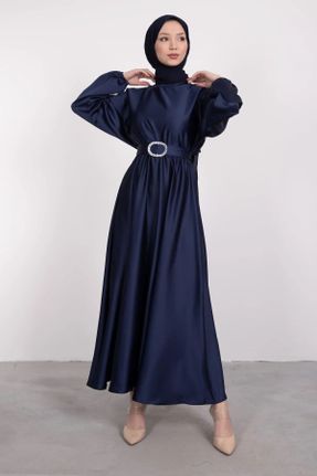 لباس مجلسی اسلامی سرمه ای زنانه یقه ایستاده ساتن رگولار کد 359427595