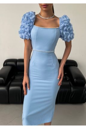 لباس آبی زنانه بافتنی پلی استر طرح گلدار رگولار آستین-کوتاه پارتی کد 809460580