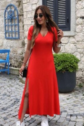 لباس قرمز زنانه بافتنی رگولار آستین-کوتاه بیسیک کد 727896622